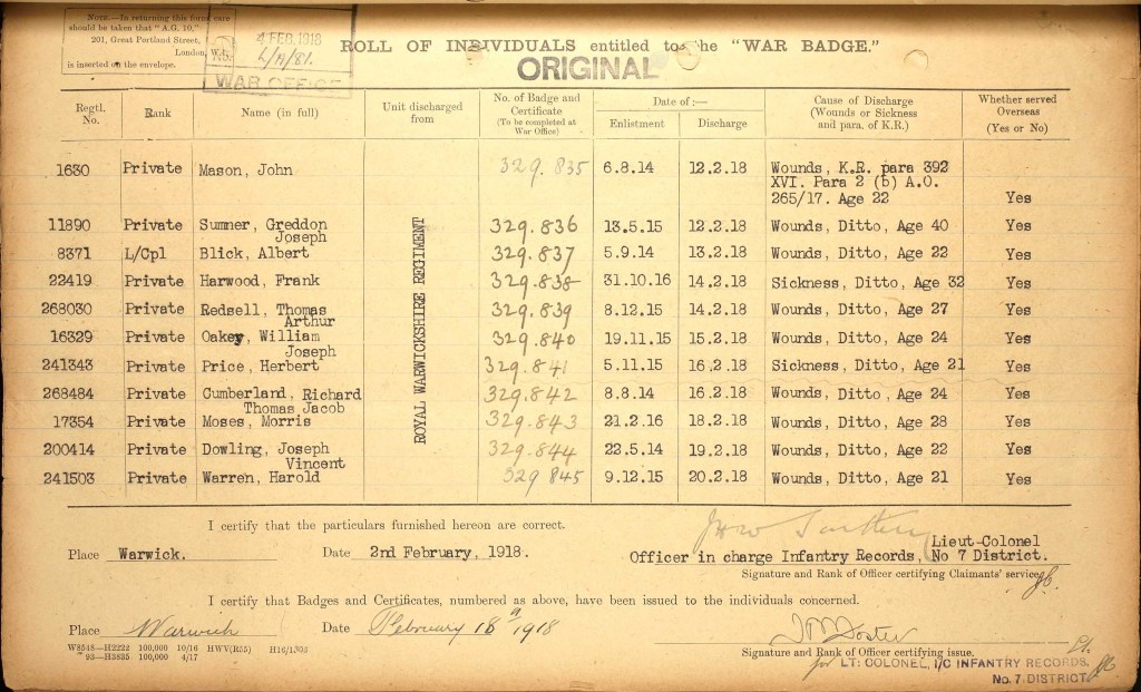 War badge record showing Grandad's discharge record